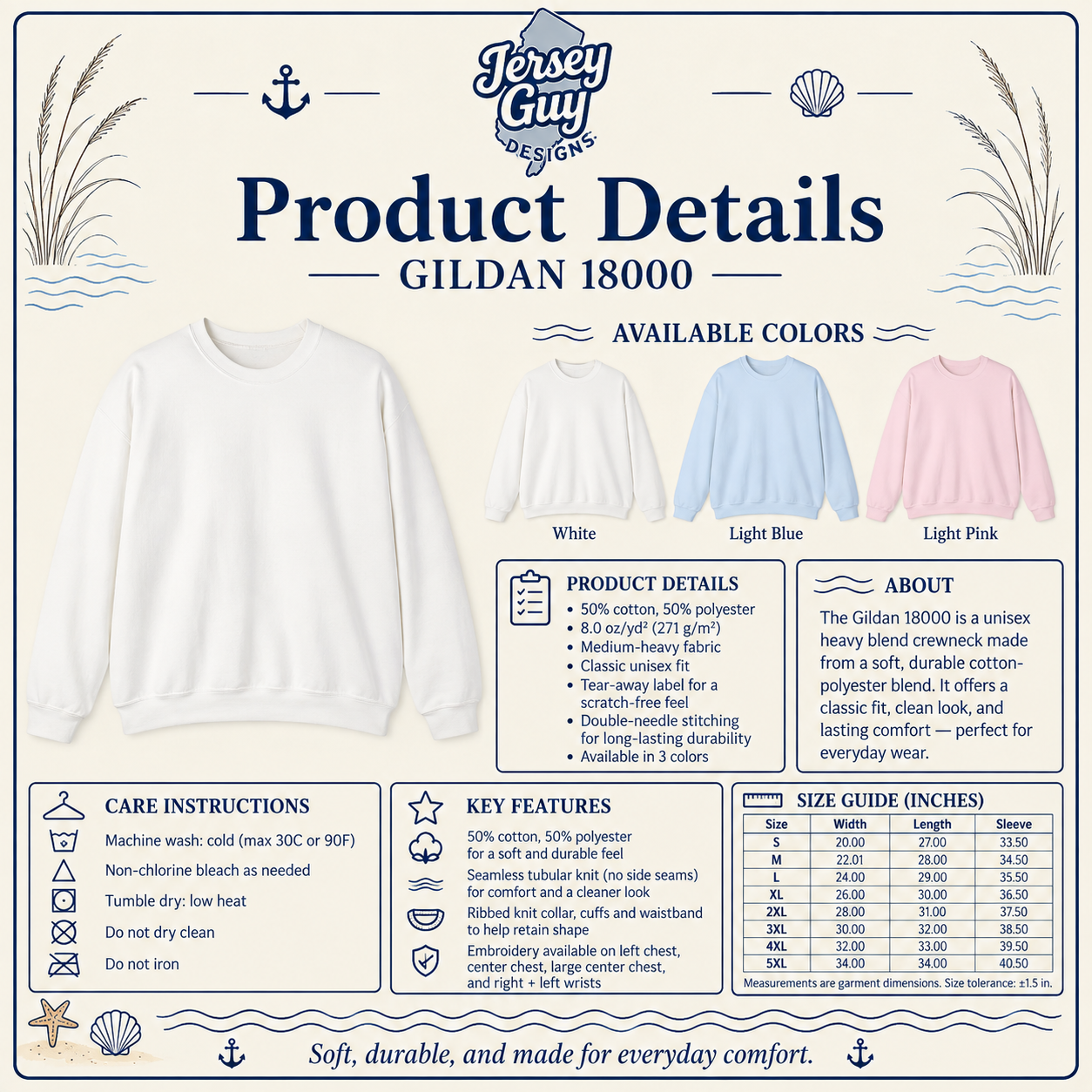 Gildan 18000 product details, colors, care instructions and key features