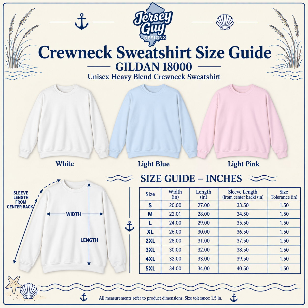 Gildan 18000 Crewneck size guide with measurements from S through 4XL