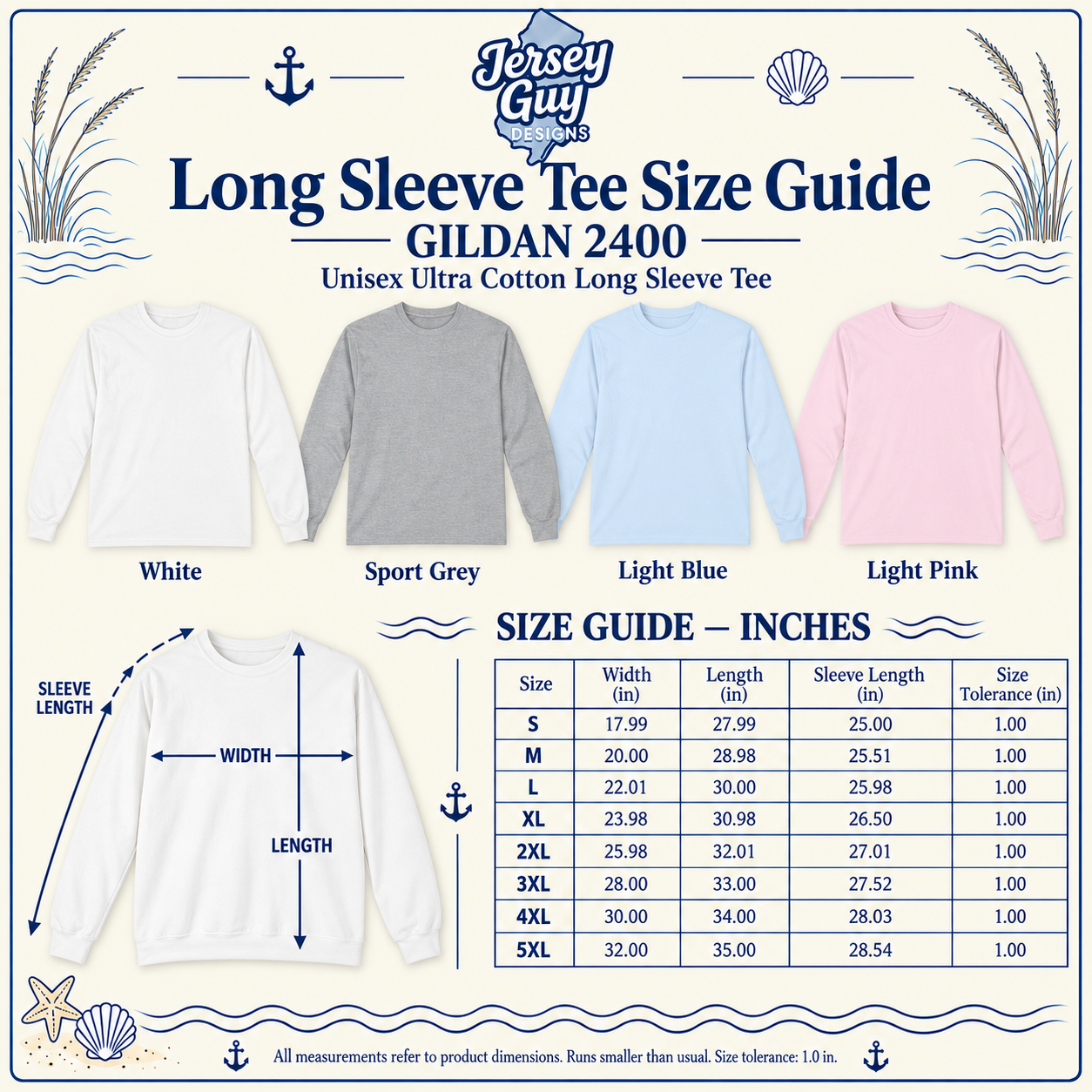 Gildan 2400 Long Sleeve Shirt size guide with measurements from S through 4XL